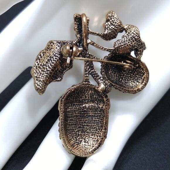 Vintage Acorn Rhinestone & Enamel Brooch, Black Green Rhinestones, 1990s, 2 In. - Picture 3 of 6